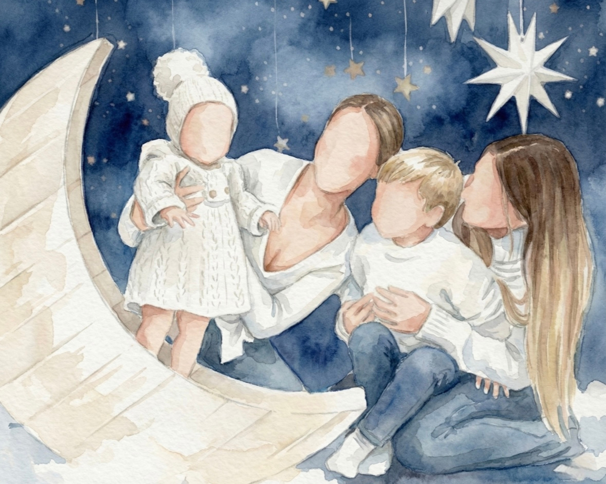 Lámina personalizada de familia en acuarela con niños y bebé, ilustración a partir de foto