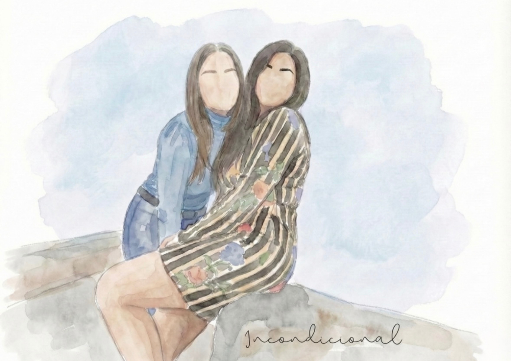 Lámina personalizada en acuarela de amigas sentada, ilustración sin rostro