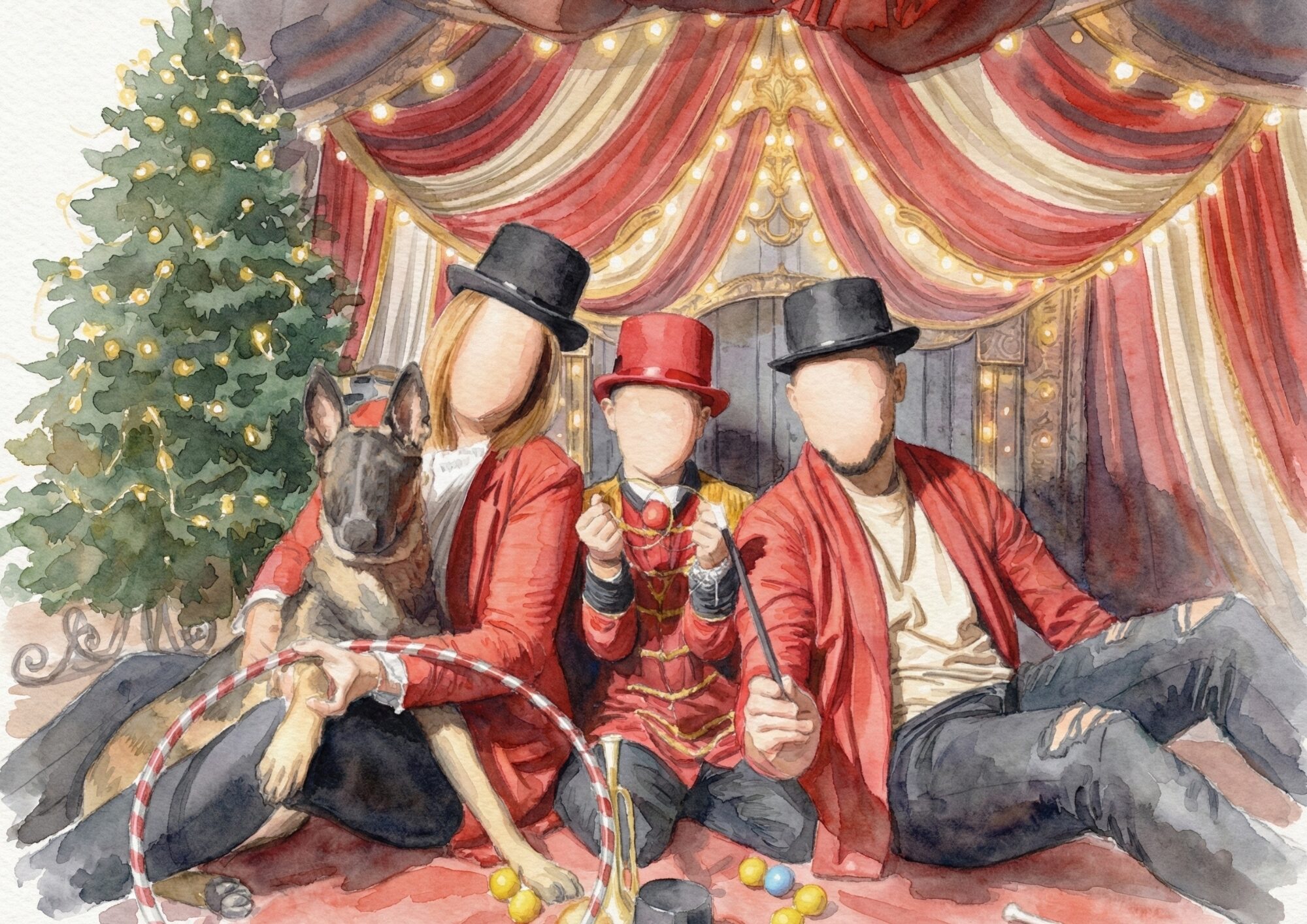 Lámina personalizada familiar en acuarela estilo circo con mascota, ilustración sin rostro