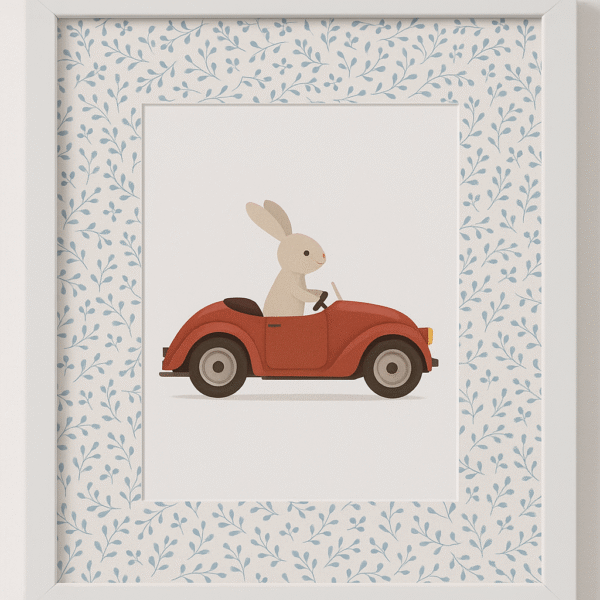 Lámina infantil de conejo conduciendo coche rojo estilo retro