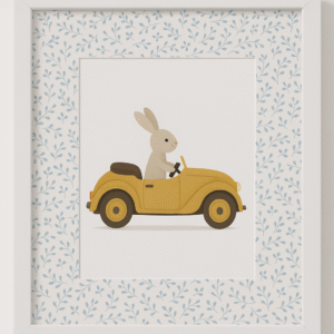Lámina infantil de conejo conduciendo coche amarillo estilo vintage