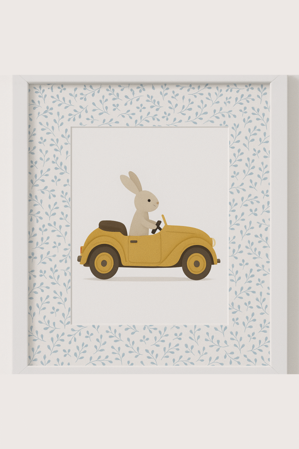Lámina infantil de conejo conduciendo coche amarillo estilo vintage
