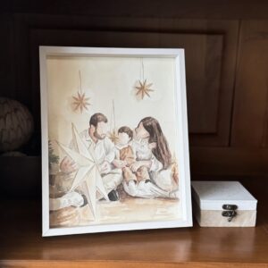 Lámina personalizada en acuarela de familia con estrella y decoración navideña