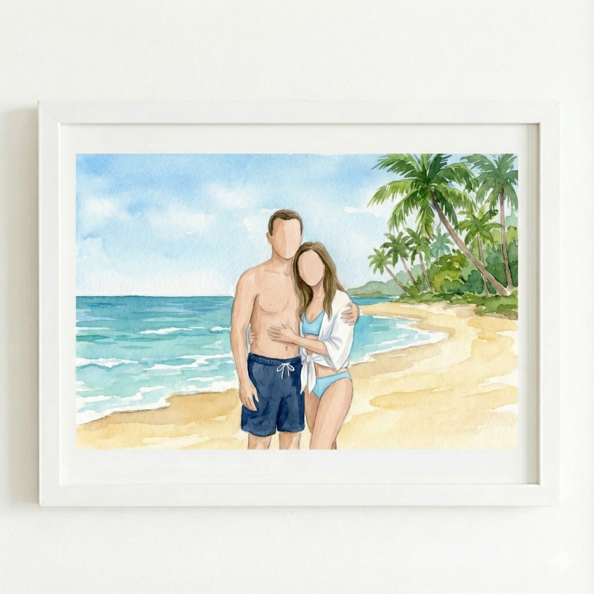 Lámina de pareja personalizada en acuarela en la playa