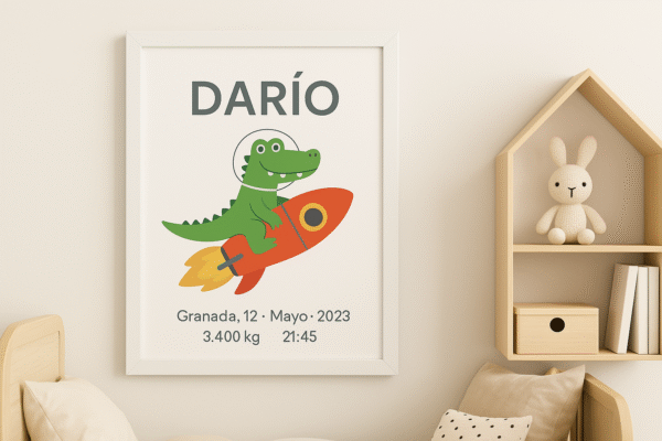 Lámina infantil personalizada con cocodrilo en cohete, nombre Darío y datos de nacimiento, decoración de habitación de bebé