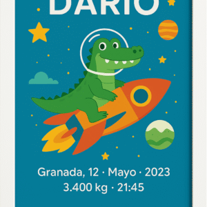 Lámina infantil personalizada con cocodrilo astronauta, nombre Darío y datos de nacimiento en diseño espacial