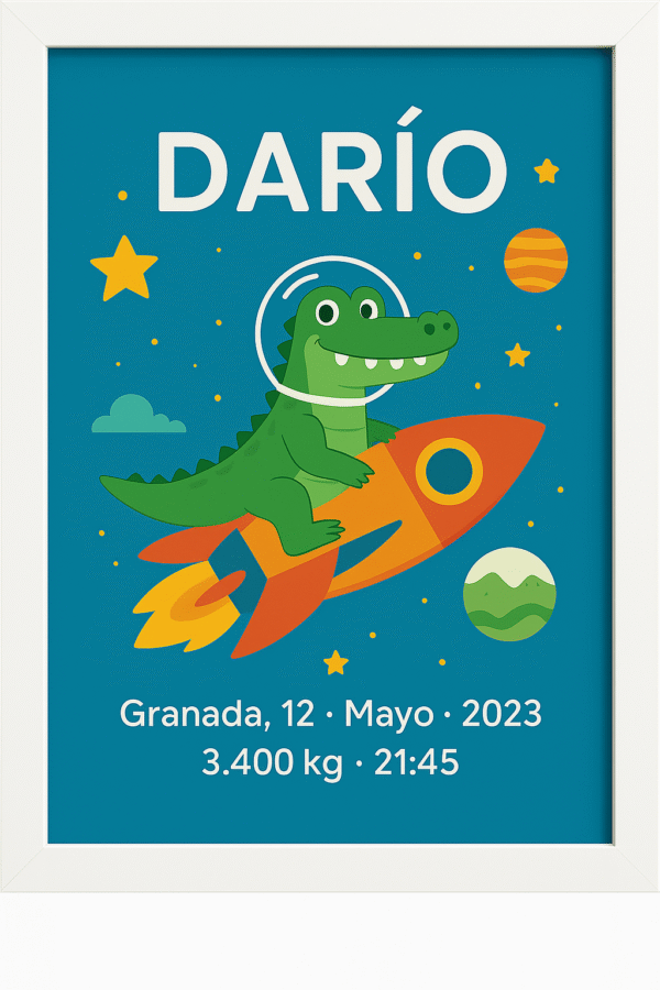 Lámina infantil personalizada con cocodrilo astronauta, nombre Darío y datos de nacimiento en diseño espacial
