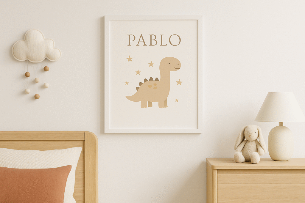 Lámina infantil personalizada con dinosaurio y nombre Pablo, decoración de habitación de bebé en tonos beige