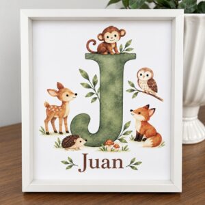 Lámina infantil personalizada con la inicial J y el nombre Juan rodeados de animales del bosque, en marco blanco