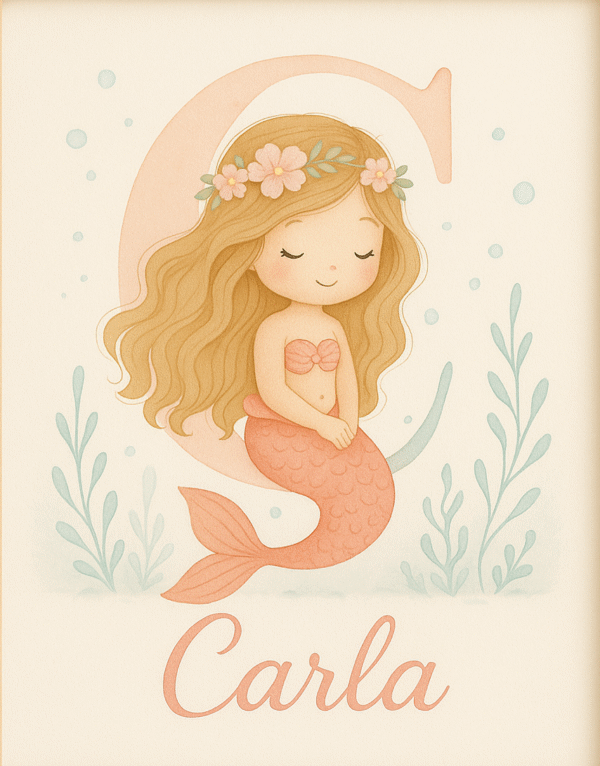 Lámina infantil personalizada con el nombre Carla, ilustración de sirena sobre la letra C con tonos pastel