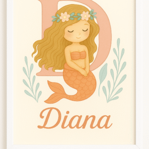 Lámina infantil personalizada con sirenita sobre la letra D y el nombre Diana, ilustración decorativa en tonos pastel