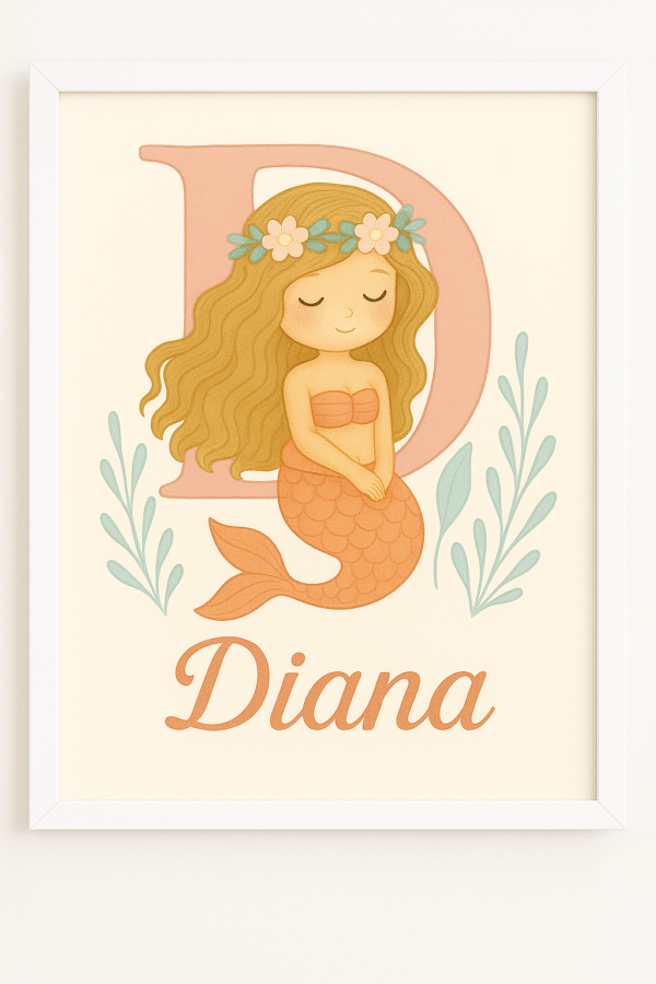 Lámina infantil personalizada con sirenita sobre la letra D y el nombre Diana, ilustración decorativa en tonos pastel