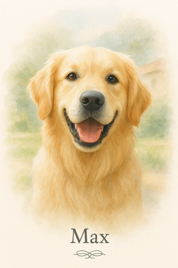 Lámina personalizada de mascota en acuarela, retrato artístico del perro Max a partir de fotografía
