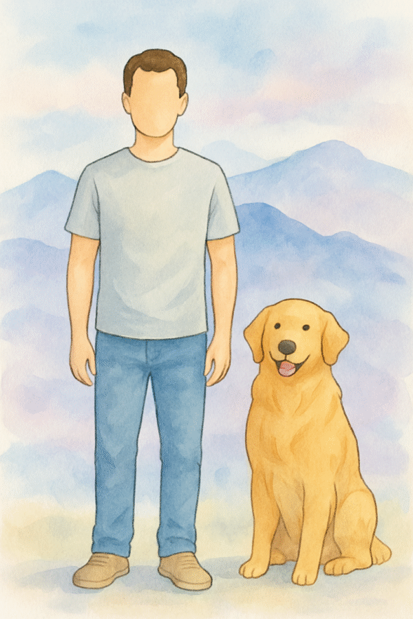 Lámina personalizada en acuarela de un hombre y su perro, estilo sin rostro, con fondo de montaña en tonos pastel