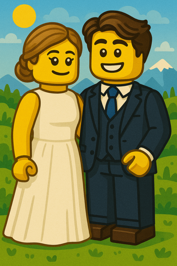 Lámina personalizada estilo LEGO de pareja de novios con traje y vestido de boda, fondo de montañas y paisaje natural