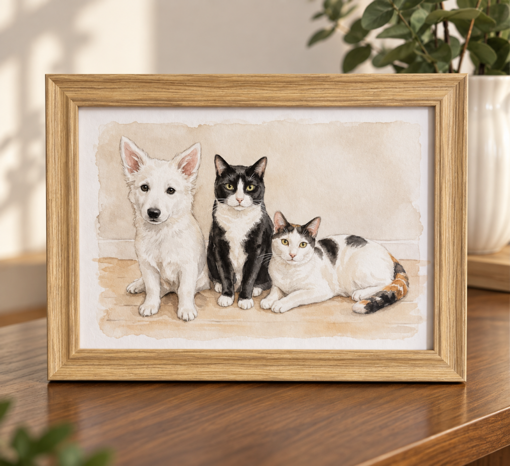 Lámina personalizada de mascota estilo acuarela con ilustración de perro y dos gatos en marco de madera