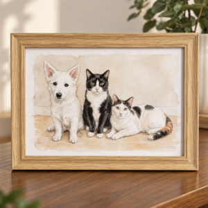 Lámina personalizada de mascota estilo acuarela con ilustración de perro y dos gatos en marco de madera