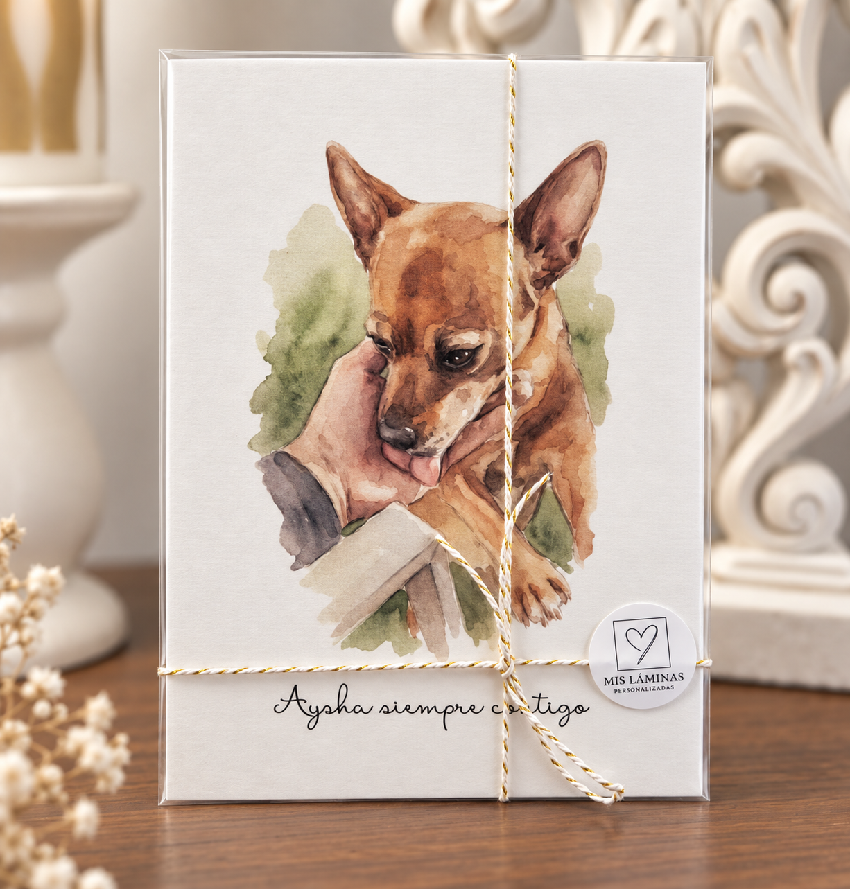 Lámina personalizada de mascota estilo acuarela sin marco con frase personalizada y envoltorio de regalo