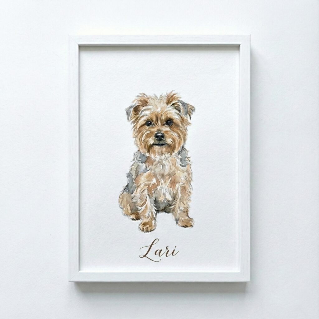 Ilustración personalizada de perro en acuarela con nombre Lari