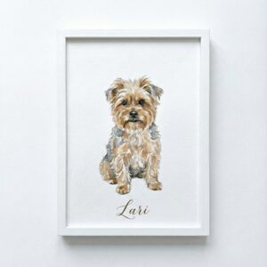 Ilustración personalizada de perro en acuarela con nombre Lari