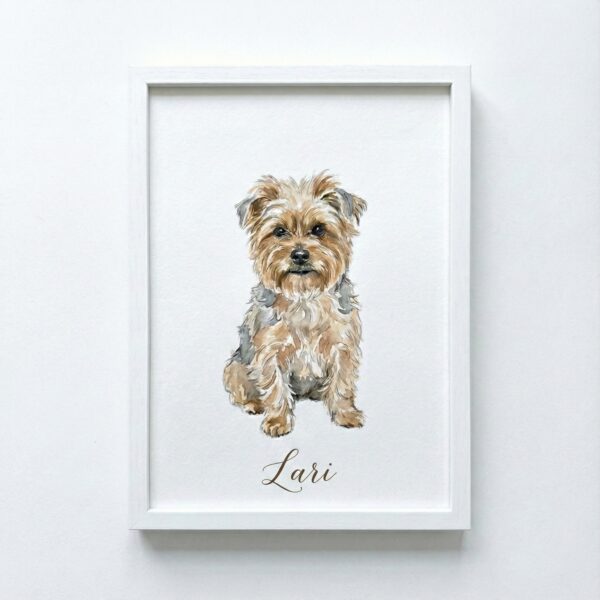 Ilustración personalizada de perro en acuarela con nombre Lari