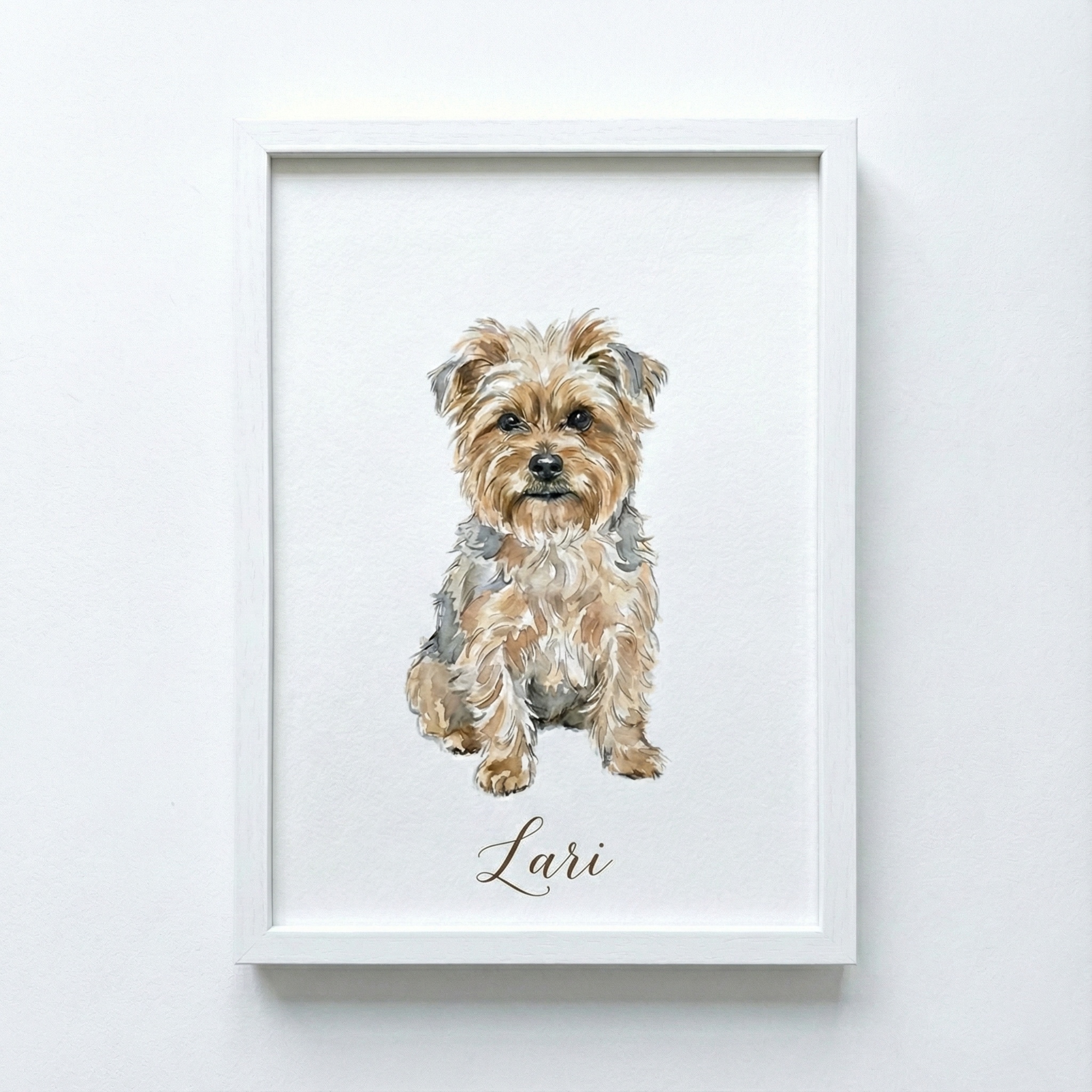 Ilustración personalizada de perro en acuarela con nombre Lari