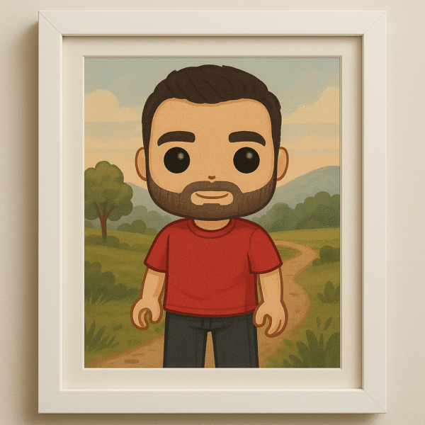 Lámina personalizada estilo Funko de hombre con barba y camiseta roja, fondo natural con sendero