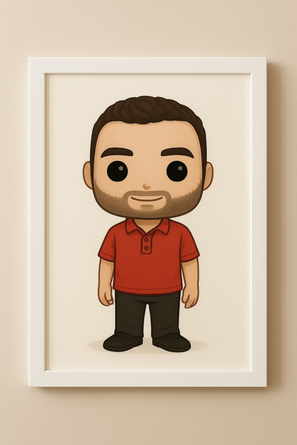 Lámina personalizada estilo Funko de hombre con barba y camisa polo roja sobre fondo claro
