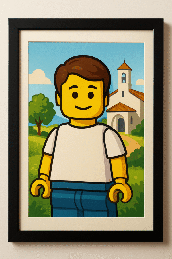 Lámina personalizada de niño en estilo lego con fondo de iglesia y paisaje campestre, ilustración decorativa