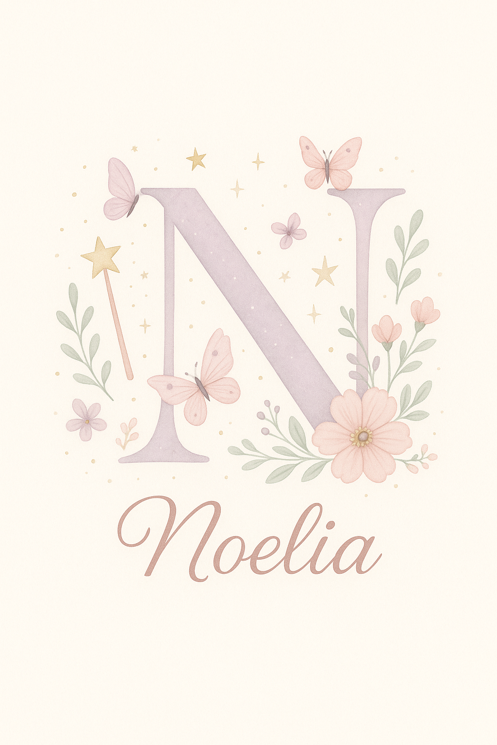 Lámina personalizada con la inicial N y el nombre Noelia, decorada con mariposas, flores y estrellas en tonos pastel