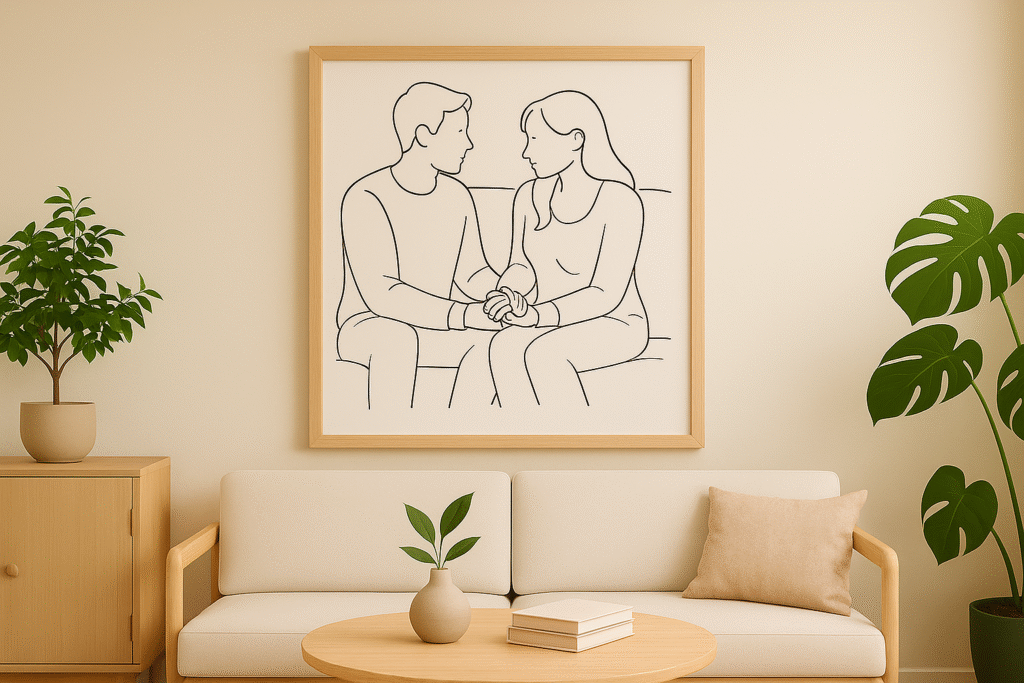 Lámina personalizada de pareja sentada en el sofá, estilo línea continua minimalista