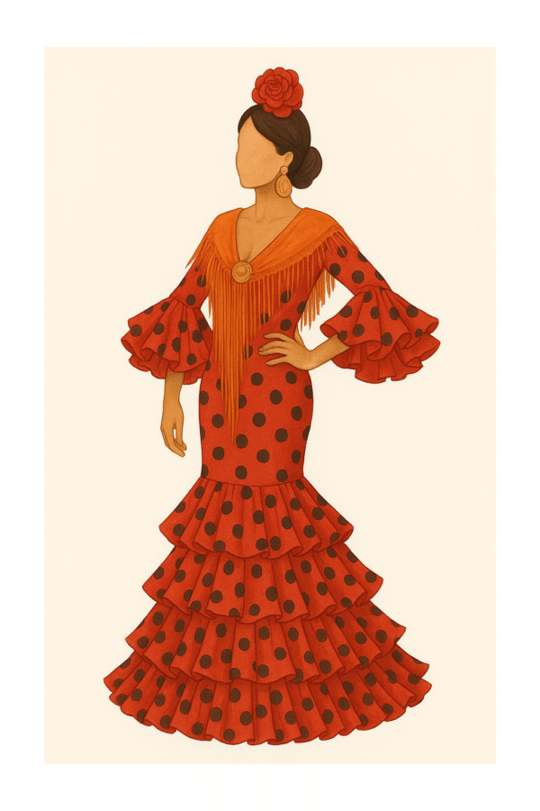 Lámina personalizada de mujer con traje de flamenca de lunares negros, ilustración en acuarela ideal como recuerdo o regalo andaluz