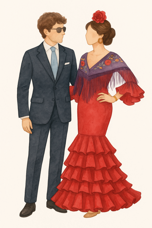 Lámina personalizada de pareja con traje de flamenca en acuarela, ilustración ideal como recuerdo de la Feria de Abril o regalo especial
