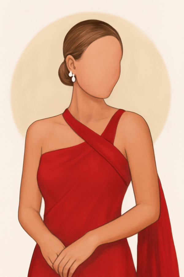 Lámina personalizada en estilo digital de una mujer con vestido rojo elegante y pendientes de perlas, retrato sin rostro