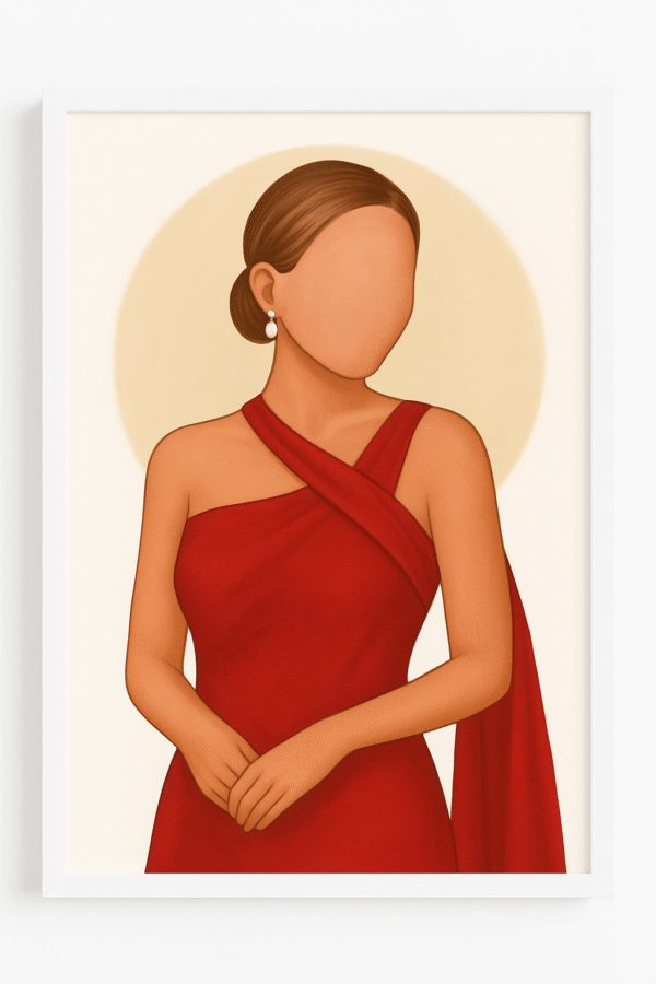 Lámina personalizada de retrato de mujer con vestido rojo, ilustración sin rostro estilo minimalista