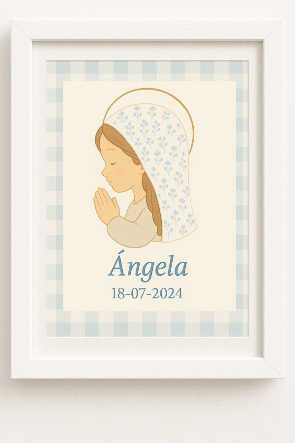 Lámina personalizada de la Virgen con niño y niña en acuarela, ideal para comuniones o regalos religiosos emotivos