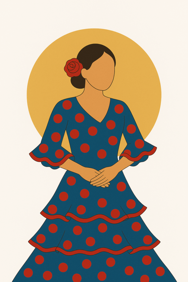 Ilustración personalizada de una sevillana en acuarela, con vestido de flamenca típico, ideal como lámina decorativa o regalo andaluz