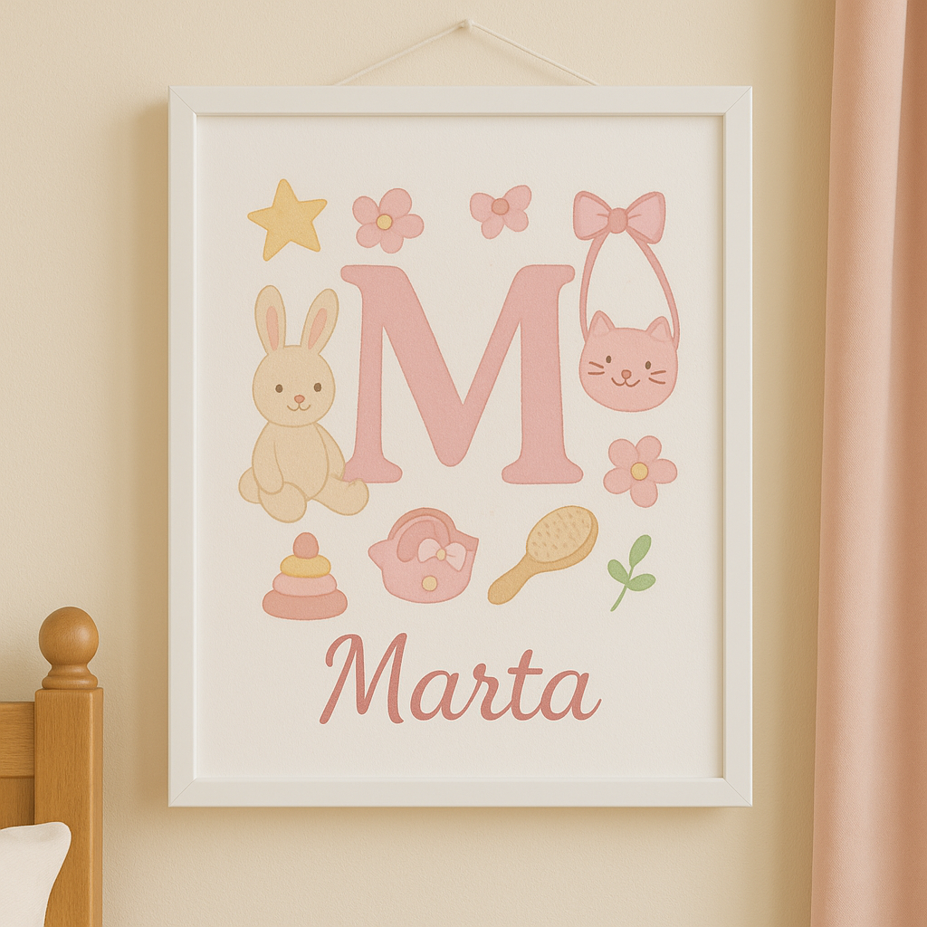 Lámina infantil personalizada con el nombre Carla, ilustración de sirena sobre la letra C con tonos pastel