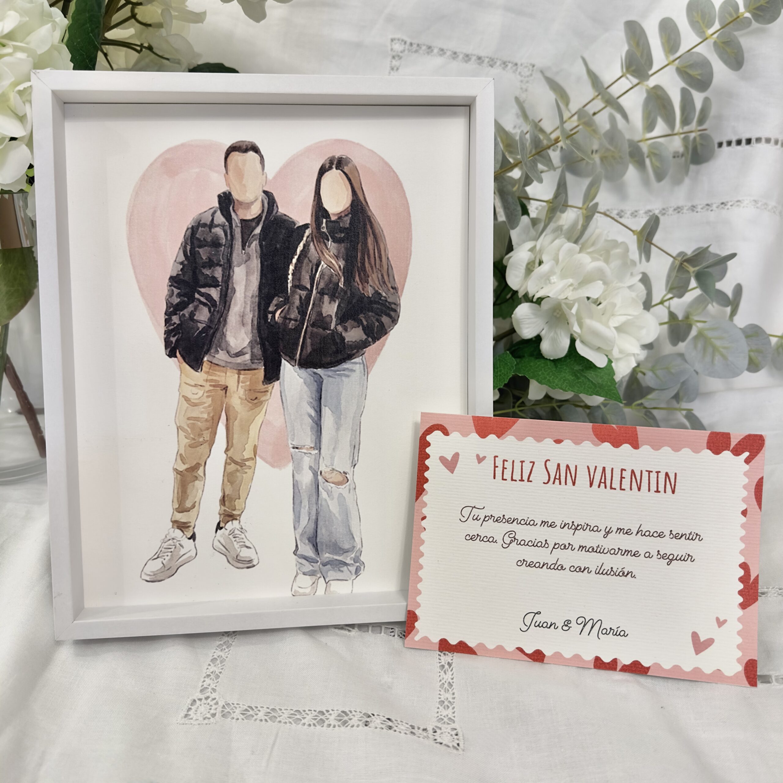 Pack de lámina personalizada en acuarela de pareja con marco y tarjeta de San Valentín