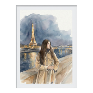 Lámina personalizada en acuarela de mujer a partir de foto con fondo de París