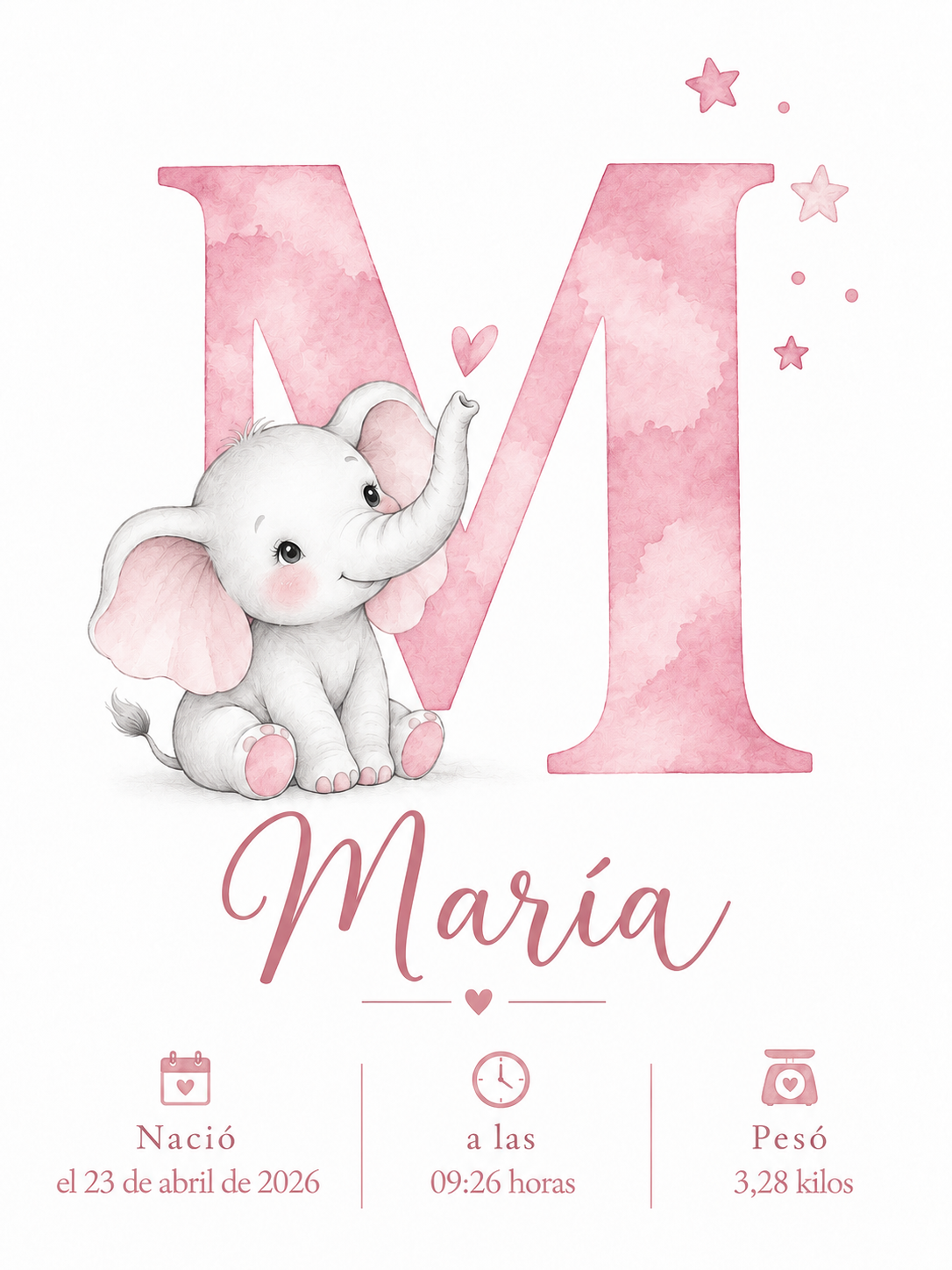 Lámina de nacimiento personalizada con inicial M y elefante en acuarela rosa
