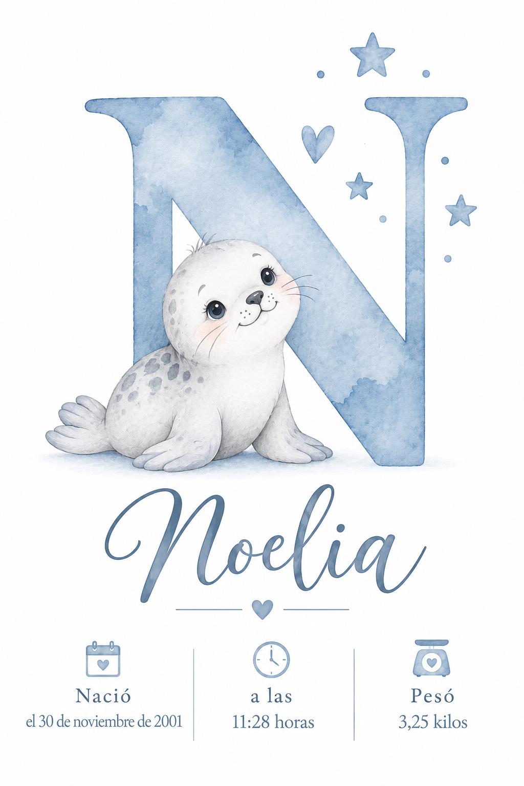 Lámina de nacimiento personalizada con inicial N y foca en acuarela azul