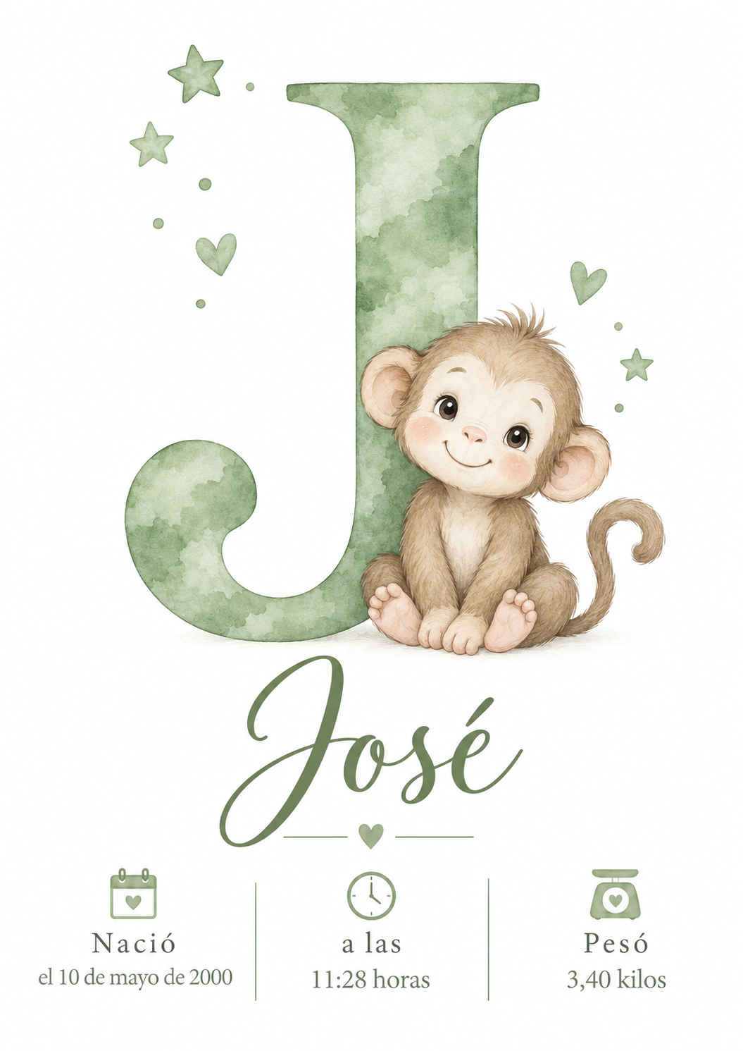 Lámina de nacimiento personalizada con inicial J y mono en acuarela verde